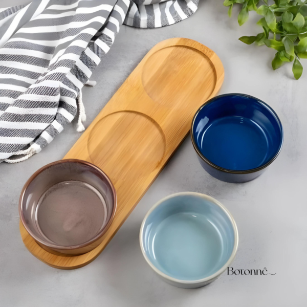 3 Petisqueiras de Ceramica com Bandeja de Bambu-Colos