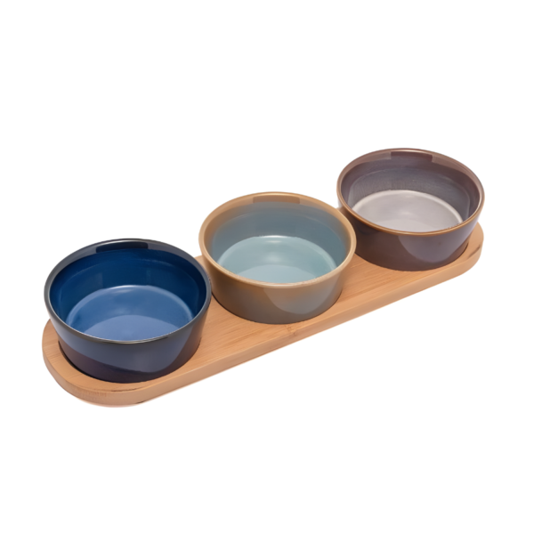 3 Petisqueiras de Ceramica com Bandeja de Bambu-Colos